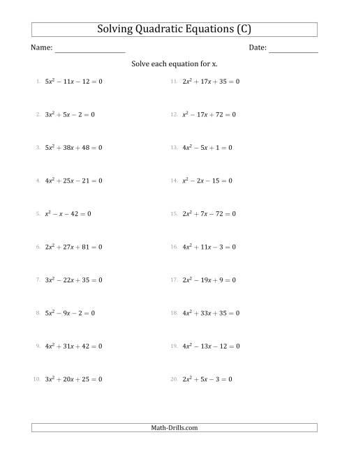 The Solving Quadratic Equations with Positive 'a' Coefficients up to 5 (C) Math Worksheet