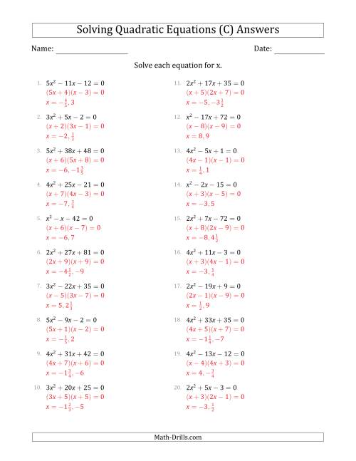 The Solving Quadratic Equations with Positive 'a' Coefficients up to 5 (C) Math Worksheet Page 2