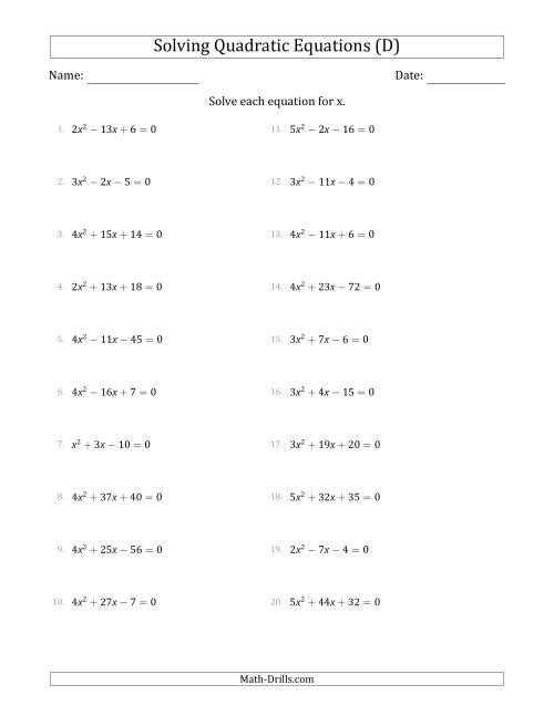 The Solving Quadratic Equations with Positive 'a' Coefficients up to 5 (D) Math Worksheet