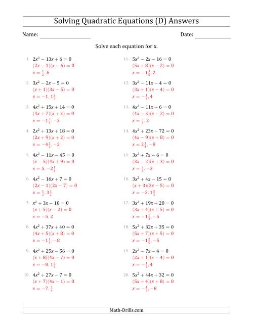 The Solving Quadratic Equations with Positive 'a' Coefficients up to 5 (D) Math Worksheet Page 2
