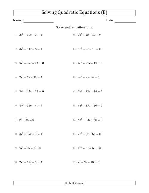 The Solving Quadratic Equations with Positive 'a' Coefficients up to 5 (E) Math Worksheet