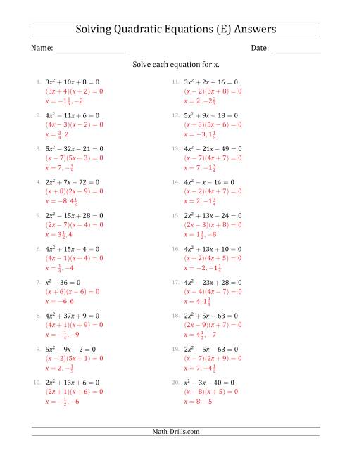 The Solving Quadratic Equations with Positive 'a' Coefficients up to 5 (E) Math Worksheet Page 2