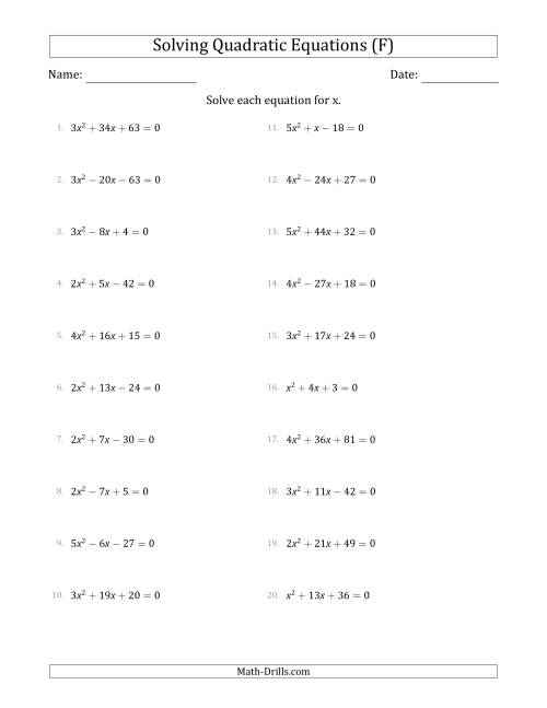 The Solving Quadratic Equations with Positive 'a' Coefficients up to 5 (F) Math Worksheet