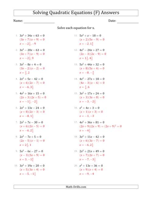 The Solving Quadratic Equations with Positive 'a' Coefficients up to 5 (F) Math Worksheet Page 2