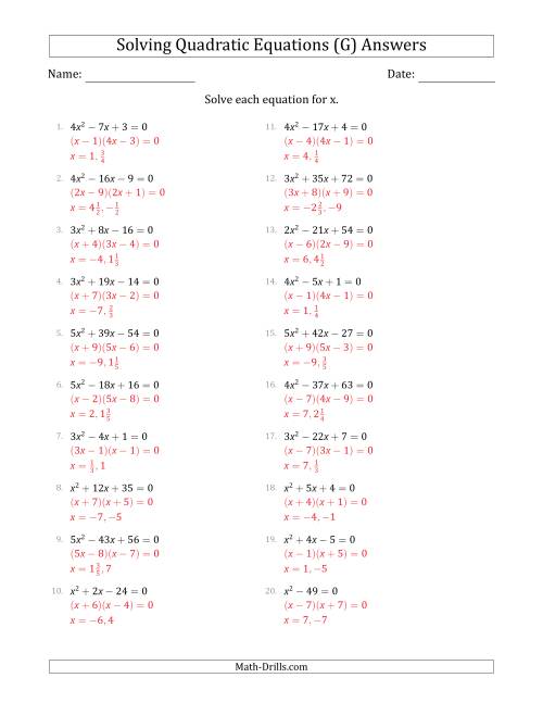 The Solving Quadratic Equations with Positive 'a' Coefficients up to 5 (G) Math Worksheet Page 2