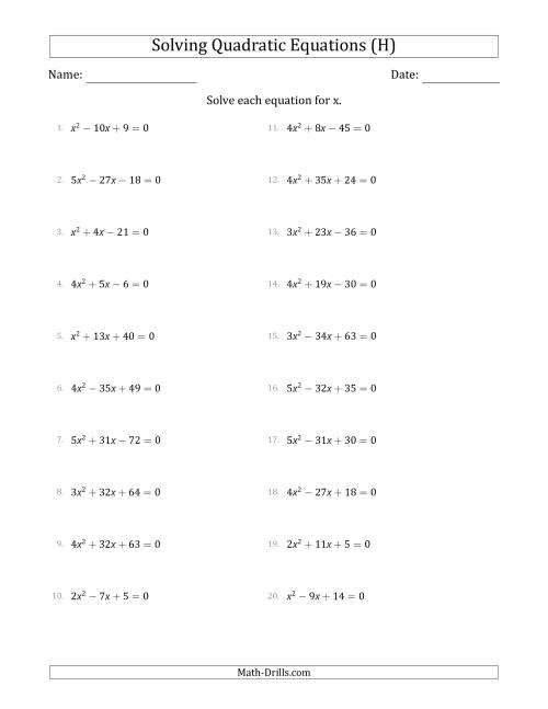 The Solving Quadratic Equations with Positive 'a' Coefficients up to 5 (H) Math Worksheet
