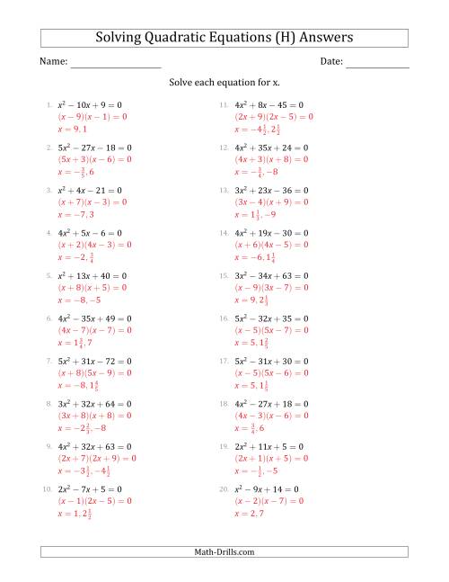 The Solving Quadratic Equations with Positive 'a' Coefficients up to 5 (H) Math Worksheet Page 2