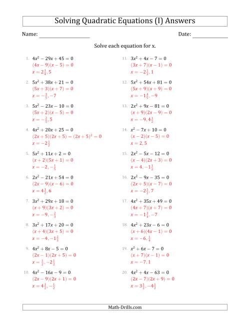 The Solving Quadratic Equations with Positive 'a' Coefficients up to 5 (I) Math Worksheet Page 2