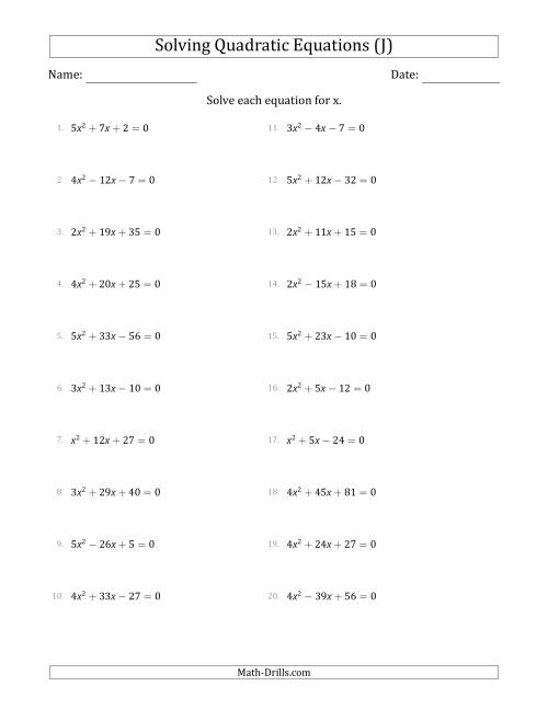 The Solving Quadratic Equations with Positive 'a' Coefficients up to 5 (J) Math Worksheet