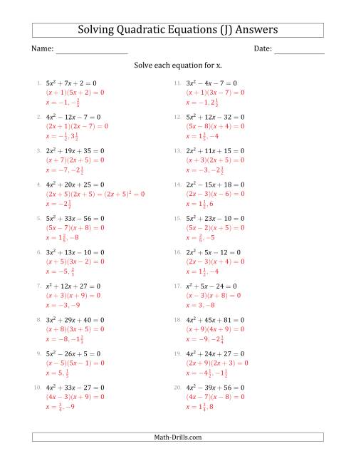 The Solving Quadratic Equations with Positive 'a' Coefficients up to 5 (J) Math Worksheet Page 2