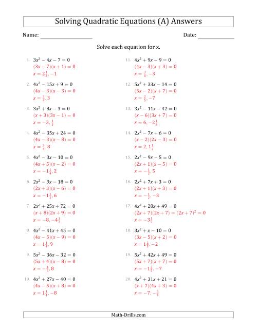 The Solving Quadratic Equations with Positive 'a' Coefficients up to 5 (All) Math Worksheet Page 2