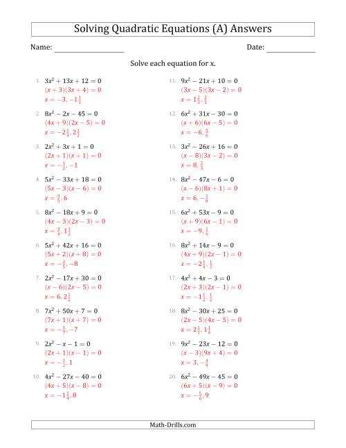 The Solving Quadratic Equations with Positive 'a' Coefficients up to 9 (A) Math Worksheet Page 2