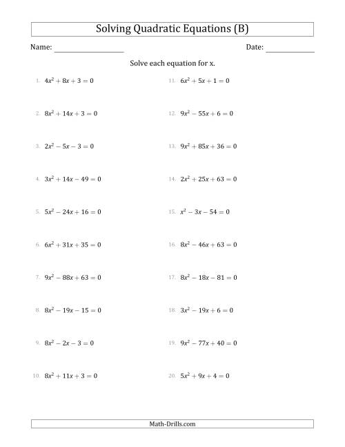 The Solving Quadratic Equations with Positive 'a' Coefficients up to 9 (B) Math Worksheet