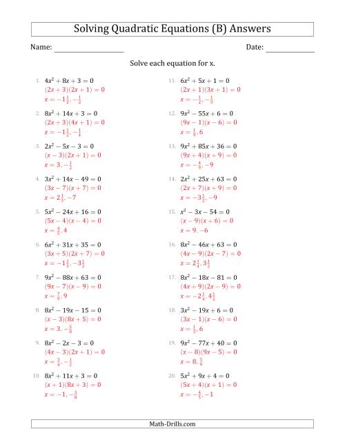 The Solving Quadratic Equations with Positive 'a' Coefficients up to 9 (B) Math Worksheet Page 2