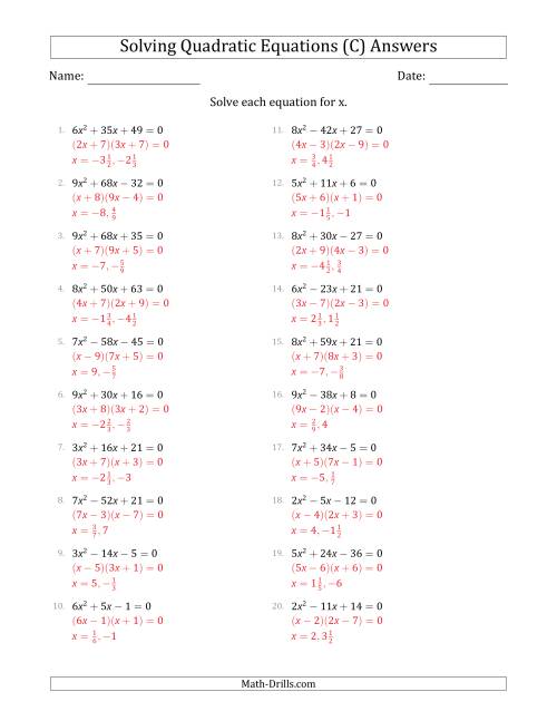 The Solving Quadratic Equations with Positive 'a' Coefficients up to 9 (C) Math Worksheet Page 2