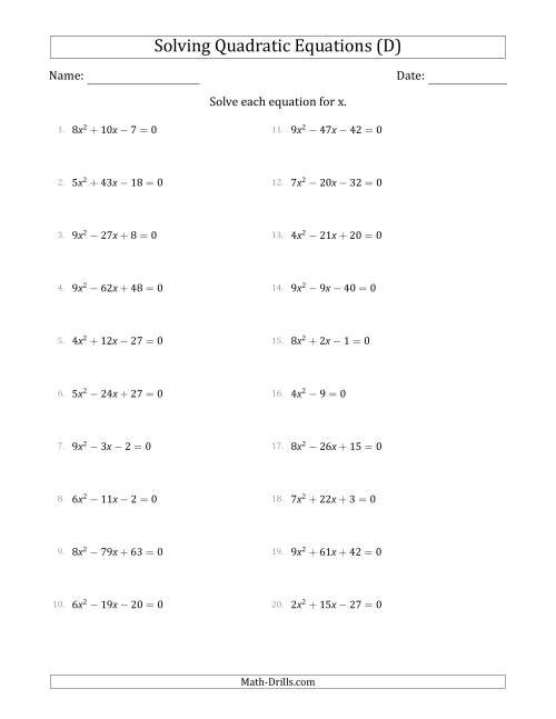 The Solving Quadratic Equations with Positive 'a' Coefficients up to 9 (D) Math Worksheet