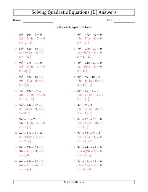 The Solving Quadratic Equations with Positive 'a' Coefficients up to 9 (D) Math Worksheet Page 2