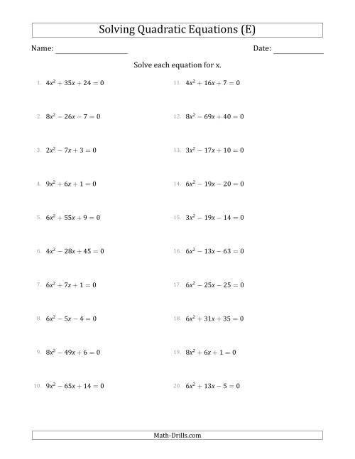 The Solving Quadratic Equations with Positive 'a' Coefficients up to 9 (E) Math Worksheet