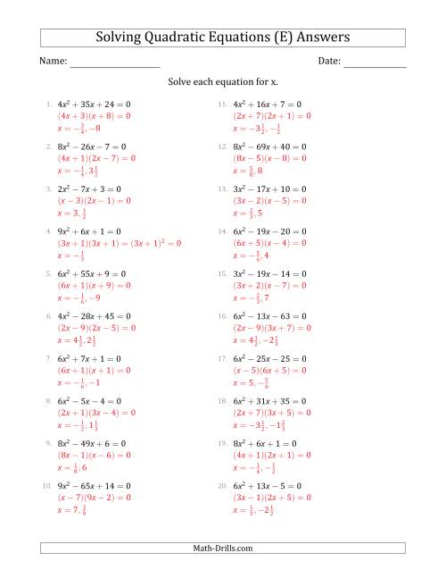 The Solving Quadratic Equations with Positive 'a' Coefficients up to 9 (E) Math Worksheet Page 2