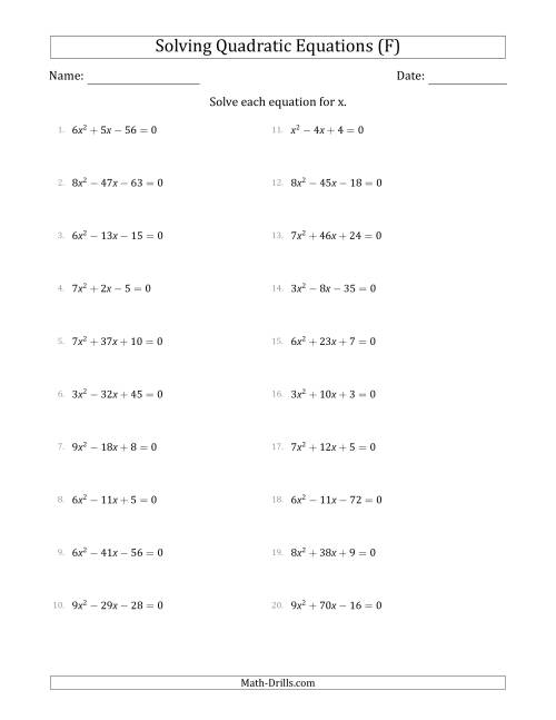 The Solving Quadratic Equations with Positive 'a' Coefficients up to 9 (F) Math Worksheet