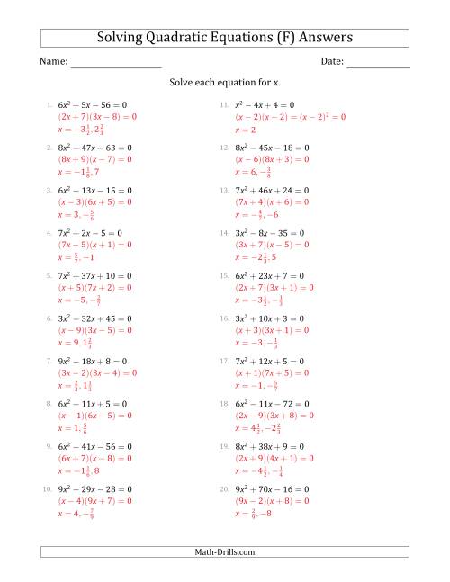 The Solving Quadratic Equations with Positive 'a' Coefficients up to 9 (F) Math Worksheet Page 2