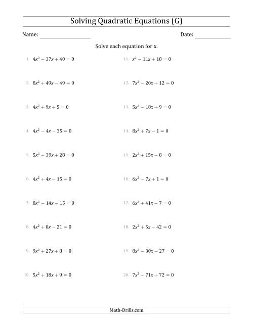 The Solving Quadratic Equations with Positive 'a' Coefficients up to 9 (G) Math Worksheet