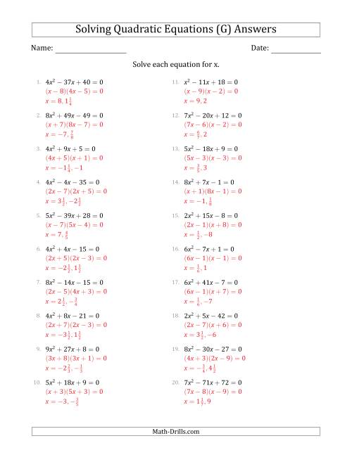 The Solving Quadratic Equations with Positive 'a' Coefficients up to 9 (G) Math Worksheet Page 2