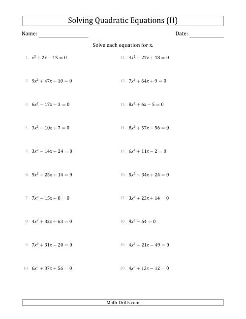 The Solving Quadratic Equations with Positive 'a' Coefficients up to 9 (H) Math Worksheet