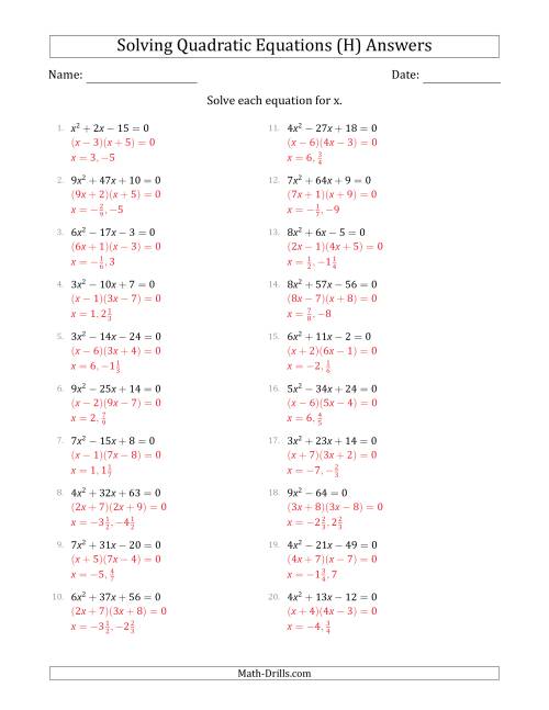 The Solving Quadratic Equations with Positive 'a' Coefficients up to 9 (H) Math Worksheet Page 2