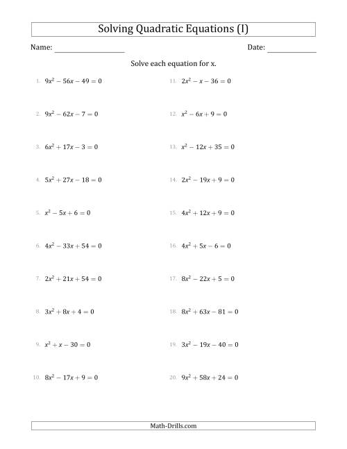 The Solving Quadratic Equations with Positive 'a' Coefficients up to 9 (I) Math Worksheet