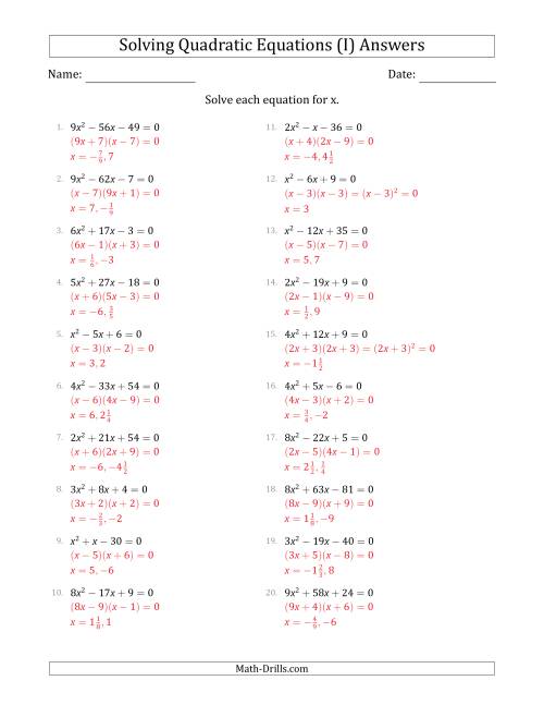 The Solving Quadratic Equations with Positive 'a' Coefficients up to 9 (I) Math Worksheet Page 2