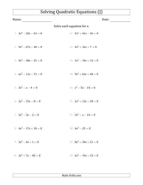The Solving Quadratic Equations with Positive 'a' Coefficients up to 9 (J) Math Worksheet