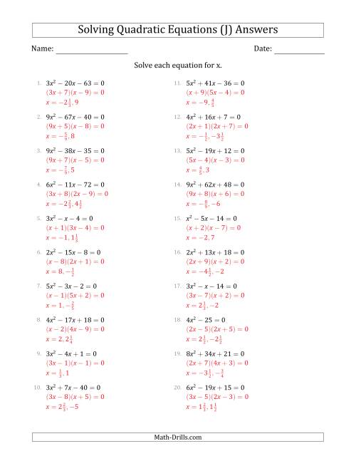 The Solving Quadratic Equations with Positive 'a' Coefficients up to 9 (J) Math Worksheet Page 2
