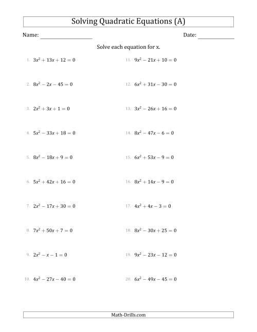 The Solving Quadratic Equations with Positive 'a' Coefficients up to 9 (All) Math Worksheet