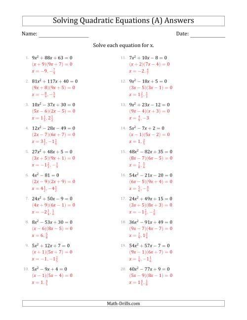The Solving Quadratic Equations with Positive 'a' Coefficients up to 81 (A) Math Worksheet Page 2