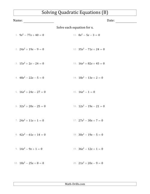The Solving Quadratic Equations with Positive 'a' Coefficients up to 81 (B) Math Worksheet