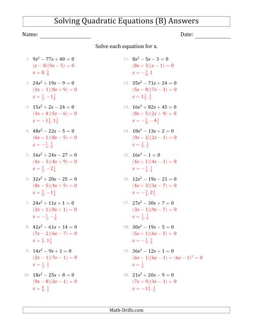 The Solving Quadratic Equations with Positive 'a' Coefficients up to 81 (B) Math Worksheet Page 2