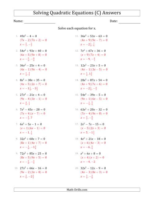 The Solving Quadratic Equations with Positive 'a' Coefficients up to 81 (C) Math Worksheet Page 2