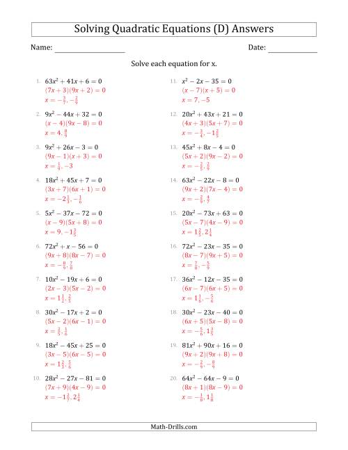 The Solving Quadratic Equations with Positive 'a' Coefficients up to 81 (D) Math Worksheet Page 2