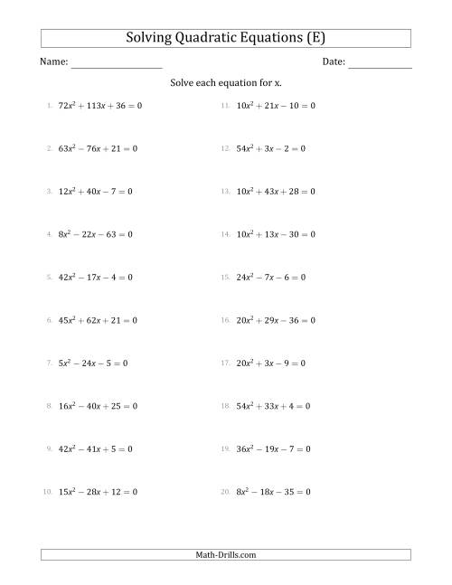 The Solving Quadratic Equations with Positive 'a' Coefficients up to 81 (E) Math Worksheet