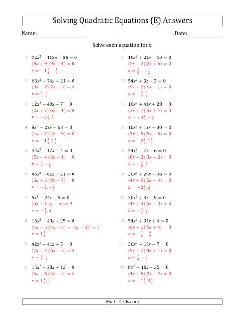 The Solving Quadratic Equations with Positive 'a' Coefficients up to 81 (E) Math Worksheet Page 2