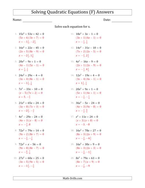 The Solving Quadratic Equations with Positive 'a' Coefficients up to 81 (F) Math Worksheet Page 2