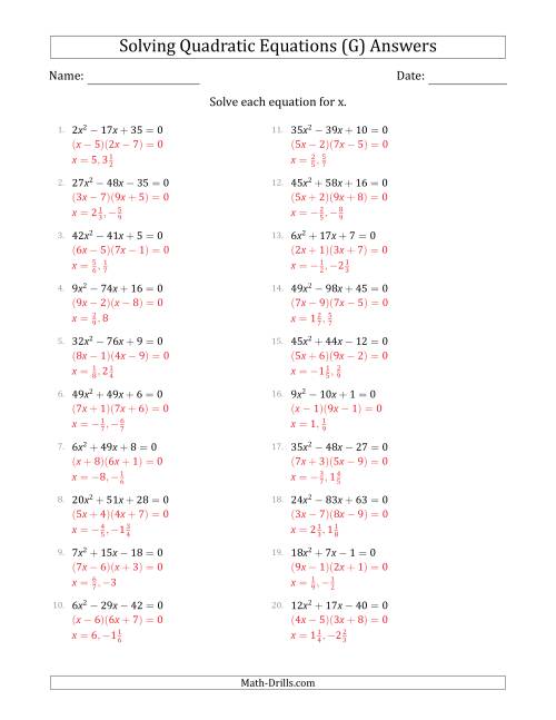 The Solving Quadratic Equations with Positive 'a' Coefficients up to 81 (G) Math Worksheet Page 2