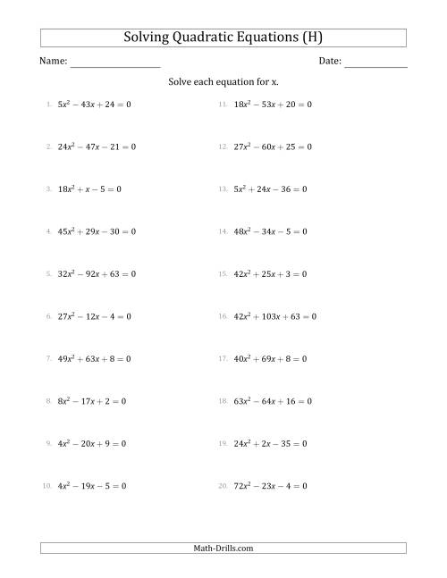 The Solving Quadratic Equations with Positive 'a' Coefficients up to 81 (H) Math Worksheet