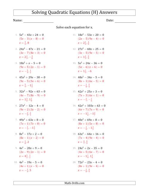 The Solving Quadratic Equations with Positive 'a' Coefficients up to 81 (H) Math Worksheet Page 2