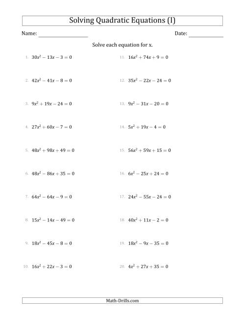 The Solving Quadratic Equations with Positive 'a' Coefficients up to 81 (I) Math Worksheet