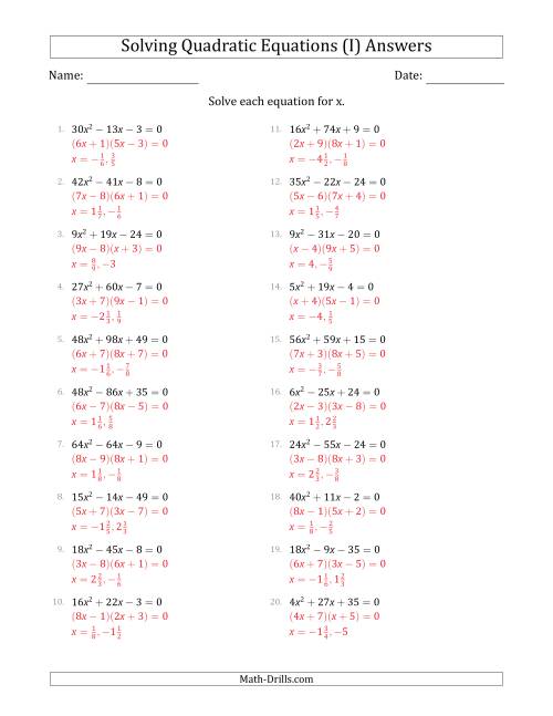 The Solving Quadratic Equations with Positive 'a' Coefficients up to 81 (I) Math Worksheet Page 2