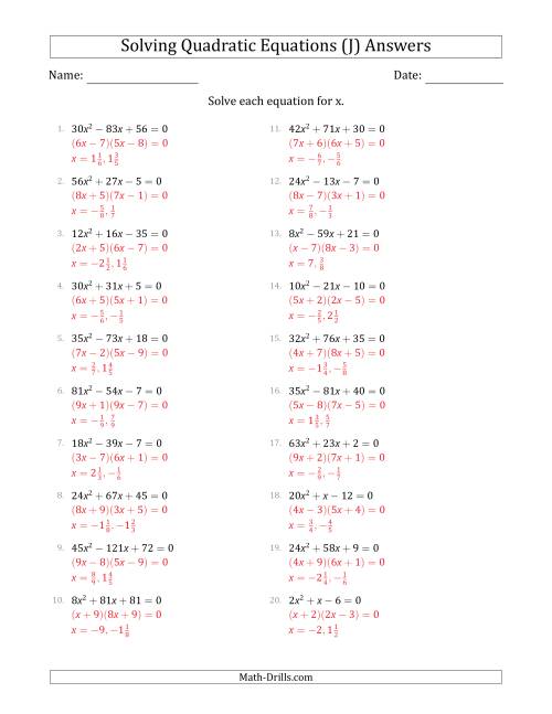 The Solving Quadratic Equations with Positive 'a' Coefficients up to 81 (J) Math Worksheet Page 2
