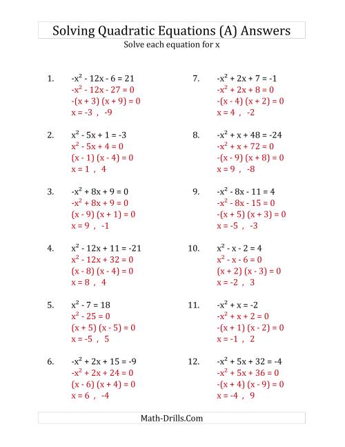 The Solving Quadratic Equations for x with 'a' Coefficients of 1 or -1 (Equations equal an integer) (A) Math Worksheet Page 2