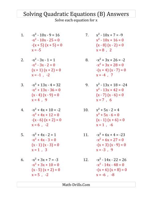 The Solving Quadratic Equations for x with 'a' Coefficients of 1 or -1 (Equations equal an integer) (B) Math Worksheet Page 2